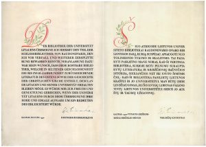 The Document of the Donation of a Part of the Raudondvaris Library by the German book artist Hugo Steiner Prag. Preserved in the KTU Library
