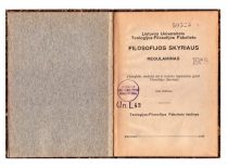 Regulations of the Department of Philosophy, Faculty of Theology and Philosophy, University of Lithuania : (rules for the pursuit of education and for obtaining a degree in the Department of Philosophy). 2nd edition. Kaunas: Faculty of Theology-Philosophy, 1929.